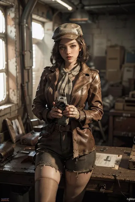 a woman in a leather jacket holding a camera in a workshop