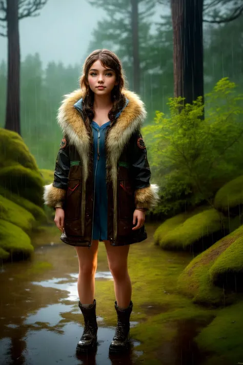 (dynamic angle:1.1), (cute face:1.2), dark sky, (nighttime:1.2), (rainy weather:1.2), detailed skin texture, furry, looking to the side, volumetric light, masterpiece, best quality, intricate details, subsurface scattering, young girl standing next a wolf,...