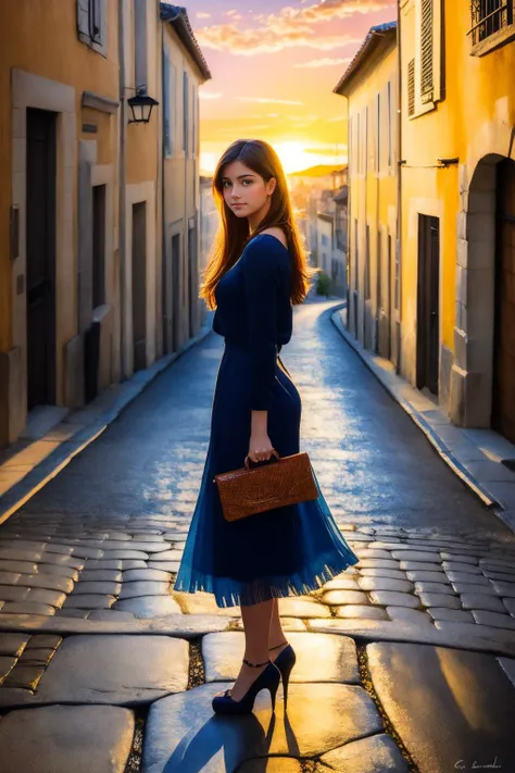 a woman in a blue dress and heels is standing on a cobblestone street