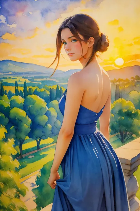 a stunning watercolor painting on canvas of a beautiful woman, in the style of Paul Czanne :: 4 Aix-en-Provence, post-impressionism, impressionistic landscapes, sunset, pastel colors :: 3 blurry, exaggerated blurry, heavy brushstrokes