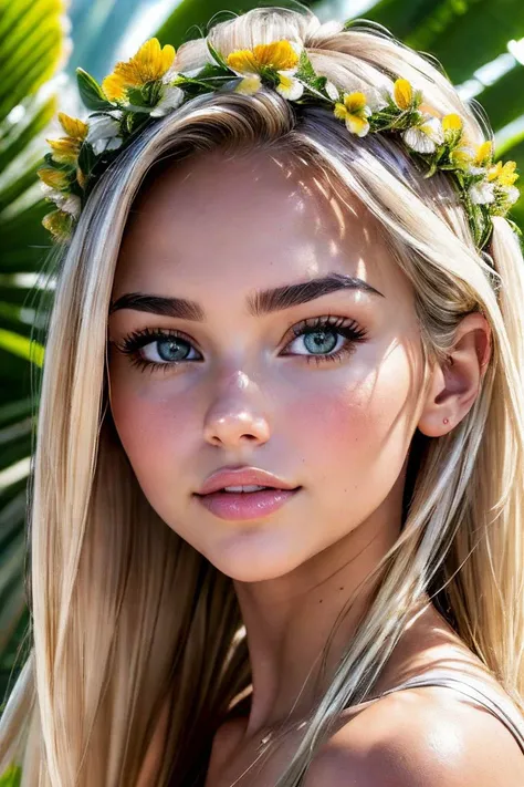 a woman with long blonde hair wearing a flower crown