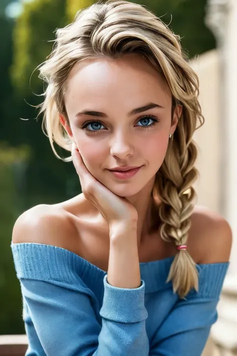 a woman with a braid ponytail and blue sweater posing for a picture