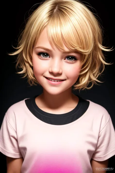 a close up of a young girl with blonde hair and a pink shirt