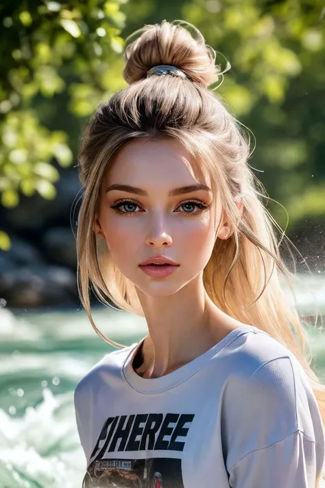 a woman with a messy bun in her hair standing in front of a river