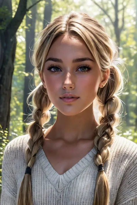 a woman with long hair and a braid in a forest