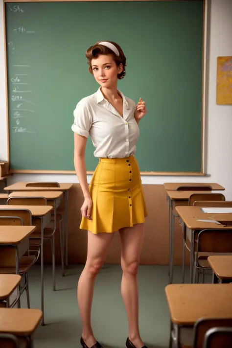 Illustration, refined lineart, a teacher of the french language, she has mid length brown hair, striking hazel eyes, skinny and frail, pinup style, short mini skirt, nervous energy, art by (Art Frahm), 50s illustration style, modern classroom setting, mast...