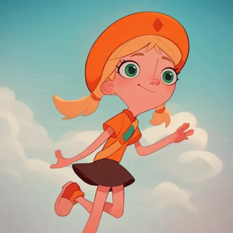 cartoon girl with blonde hair and green eyes flying in the sky