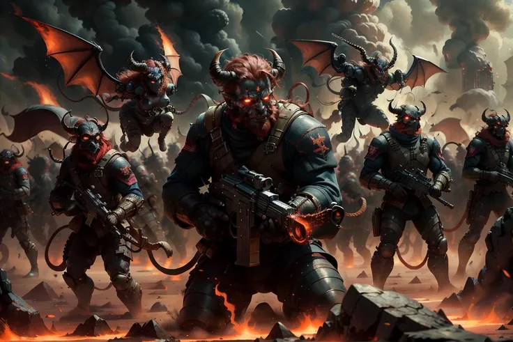 a group of demonic men with horns and horns in a battle