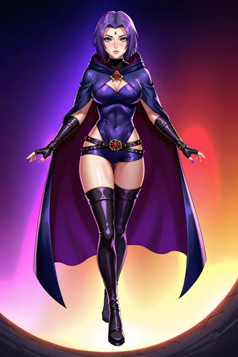 <lora:1raven:1> raven, sleek black leather ensemble with silver trim, Thigh-high boots with pointed toes and arcane symbols etched into the leather, Fingerless gloves adorned with glowing runes, hooded cloak lined with purple velvet