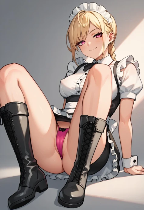 art by afrobull, score_9, score_8_up, score_7_up, score_6_up, source_anime, rating_explicit,
1girl, maid, smug, blonde hair, braid,
(pencil skirt:1.12), 
panty peek, (pink panties, thong:0.9), (cameltoe:0.6), knee boots,
nsfw,
,
<lora:Afrobull-1024-Prodigy...