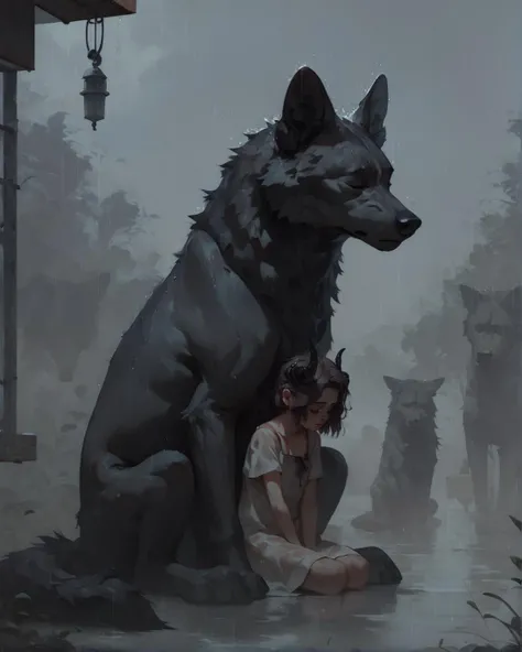 score_9, score_8_up, score_7_up, score_6_up, young girl taking shelter under large wolf, sitting, huddle, 1girl, rain, black horns, moody, fog, vignette, closed eyes, emotional, otherwordly, soothing, black clouds, shadow, depressed, (flat chest:.3), <lora...