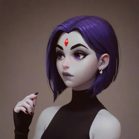 a close up of a woman with purple hair and a black top