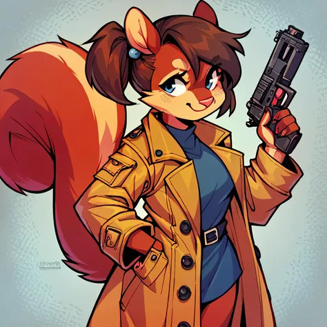 score_9, score_8_up, source_furry, 2d, anthro, squirrel, 1girl, side ponytail, brown hair, trenchcoat, holding gun,  (SimplePositiveXLv2:0.4)