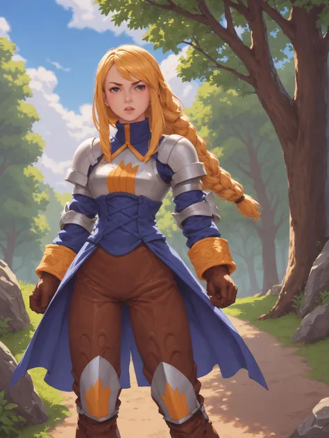 score_9, score_8_up, score_7_up, score_6_up, source_anime, 1girl, solo BREAK  <lora:PD- agrias -Character:1> agrias, blonde hair, braided ponytail, shoulder armor, armor, corset, brown pants, brown gloves, knee pads, serious, furrowed brow, open mouth, clo...