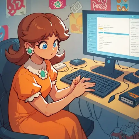 score_9, score_8_up, source_anime, 2d, 1girl, princess_daisy sitting in front of a computer, brown_hair, blue_eyes, orange dress, simple tomboyish room background, (SimplePositiveXLv2:0.6),  <lora:Smooth Anime Style LoRA XL:0.6>,  <lora:more_details:0.75>