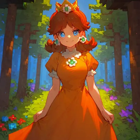 score_9, score_8_up, source_anime, 2d, minecraft, 1girl, princess_daisy, brown_hair, blue_eyes, orange dress, standing in forest, angled shot, smiling at viewer, clear image, high quality, detailed face, (SimplePositiveXLv2:0.6),  <lora:Smooth Anime Style ...