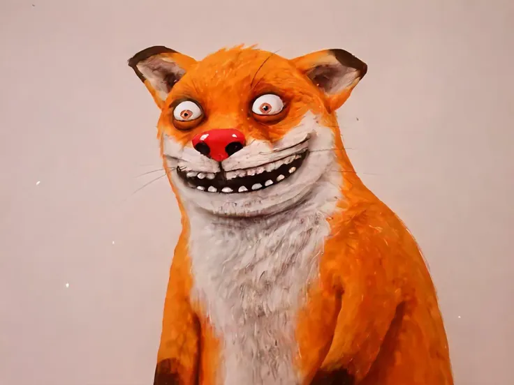 there is a fake fox with a big smile on it's face