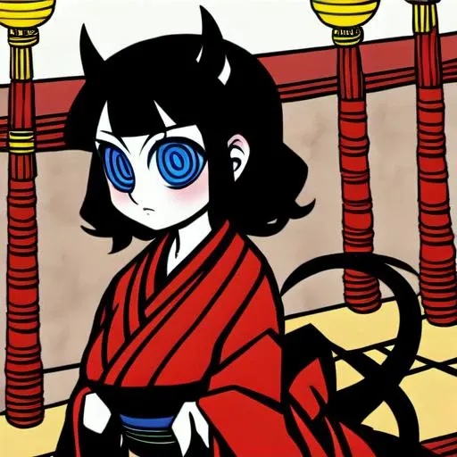 horns, black hair, solo, 1girl, tail, red sweater, black horns, kimono, blue eyes, multiple girls