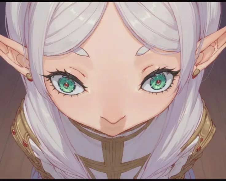 anime girl with white hair and green eyes staring at the camera