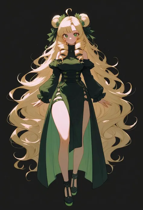 score_9, score_8_up, score_7_up, best quality, source_anime BREAK, Eatsleep1111, 1girl, medium breasts, very long red hair wavy in ringlets, lign green eyelashes, small flower-like buns on the sides of the head, loose hair, some black locks, green eyes, li...