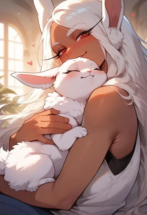 score_9, score_8_up, score_7_up, score_6_up,  <lora:p3tl0v3XLP:1> p3tl0v3, 1girl, rumi usagiyama, dark skinned female, hugging a white rabbit,