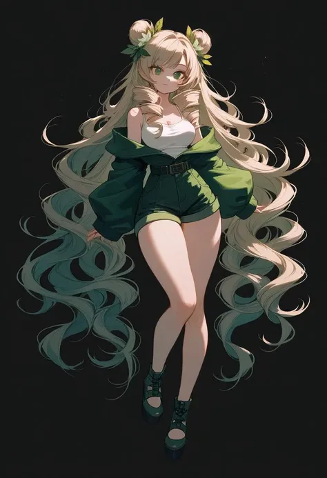 score_9, score_8_up, score_7_up, best quality, source_anime BREAK, Eatsleep1111, 1girl, medium breasts, very long red hair wavy in ringlets, lign green eyelashes, small flower-like buns on the sides of the head, loose hair, some black locks, green eyes, li...