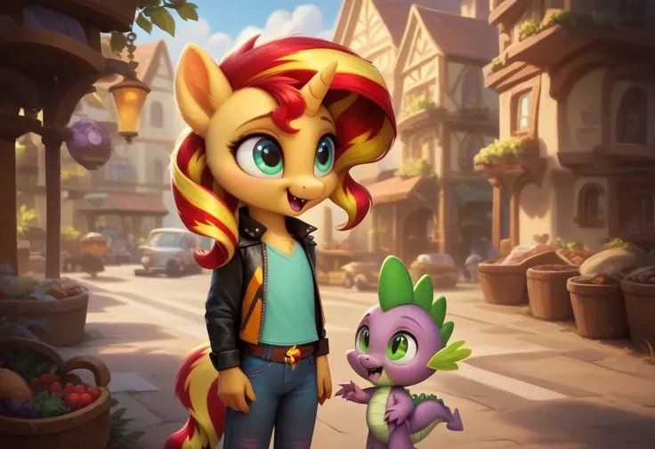 core_9, score_8_up, score_7_up, anthro realistic, Spike the dragon is a boy, Sunset Shimmer the pony is a female, standing, cute, adorable, very aesthetic, furry, realistic female detail, G5, outdoor village, they meet downtown,