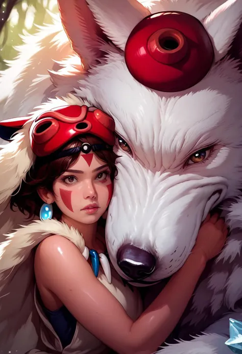 score_9, score_8_up, score_7_up,  1girl, San(/Princess Mononoke)/,(ultra HD quality details), pale skin, brown hair, facepaint, brown eyes, short hair, mask on head,
shiny skin, eye contact, fur cape, crystal necklace, sleeveless_shirt,
tilted angle, moody...