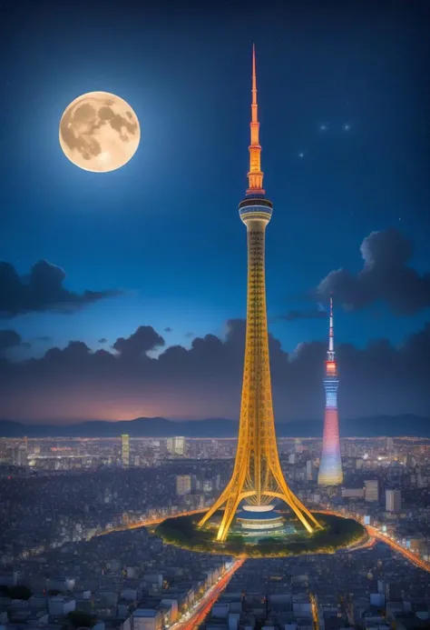 (16k wallpaper:1.1),(Highest quality:1.4),(High resolution:1.4),  (masterpiece:1.4), 
Pointillism, tokyo skytree, moon,