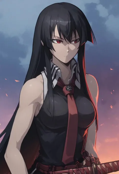 score_9, score_8_up, score_7_up, score_6_up, akame, anime screencap, 1girl, solo, long hair, necktie, sleeveless, red necktie ,bare shoulders, hime cut, very long hair, holding katana, weapon, breasts