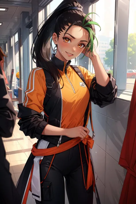 anime girl with green hair and black and orange outfit standing in front of a window