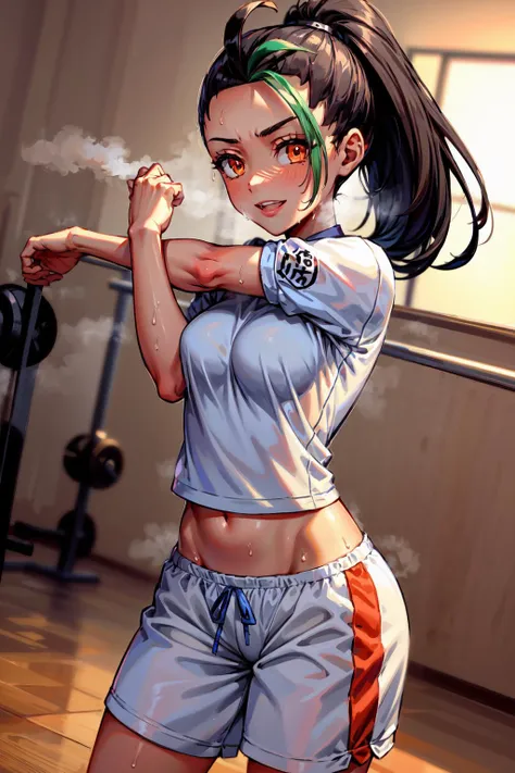 masterpiece,best quality,1girl,solo,nemona,long hair,orange eyes,ponytail,forehead,ahoge,(gym uniform,gym shorts),light smile,confident,looking at viewer,(sweat,sweatdrop,steaming body),cross-body stretch,stretching,gym,indoors,dutch angle,<lora:Concept-co...