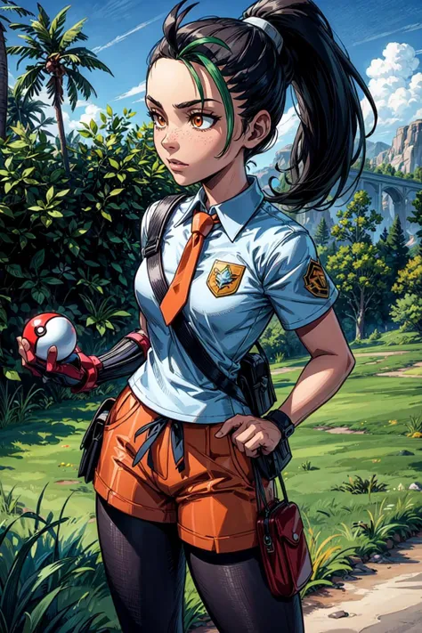 thick outlines, comics, photorealistic, masterpiece:1.2, 1girl, solo, holding pokeball, <lora:nemona pokemon by Goofy Ai:0.8>, nemona, ponytail, collared shirt, short sleeves, single glove, orange shorts, orange necktie, black tights, university, school, o...