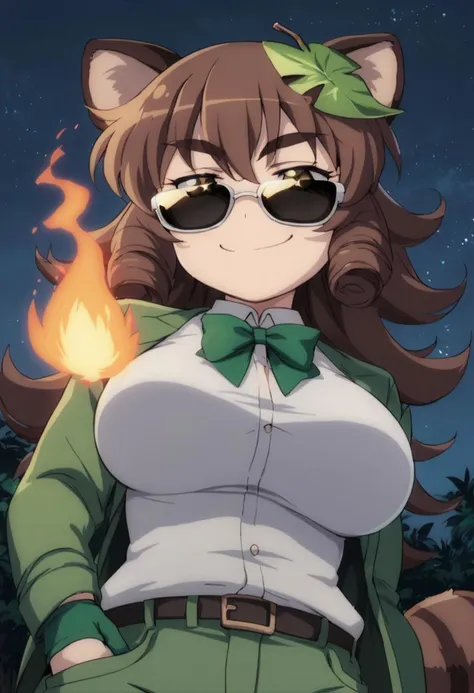 score_9, score_8_up, score_8, score_9,   source_anime,  solo,  long eyelashes, thick eyebrows. 
f
anime coloring,
Silly, Silly face, smug, smug smirk, cigar in mouth, 
sunglasses, eyes visible through sunglasses, 
futatsuiwa mamizou, raccoon ears, thick do...