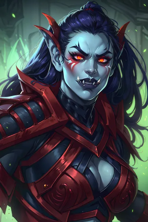 a close up of a woman with red eyes and a demon face