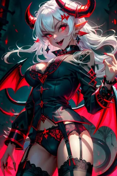 1girl, (female:1.2), mature, aged up, solo, red eyes, white hair, big breasts, glowing eyes, pointy ears, hair ornament, evil, seductive, attractive, smile, open mouth, tongue sticking out, wicked face, insidious, lace trim, (demon wings:1.2), demon horns,...