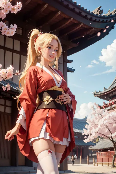 (masterpiece:1.2), (best quality:1.2), cowboy shot, 1girl, medium breasts, fit and petite body, blonde hair, long hair, red kimono BREAK white thighhighs, looking away, joyful expression, walking, cherry blossoms, 
<lora:ASTemple:0.4>, AStemple, east asian...