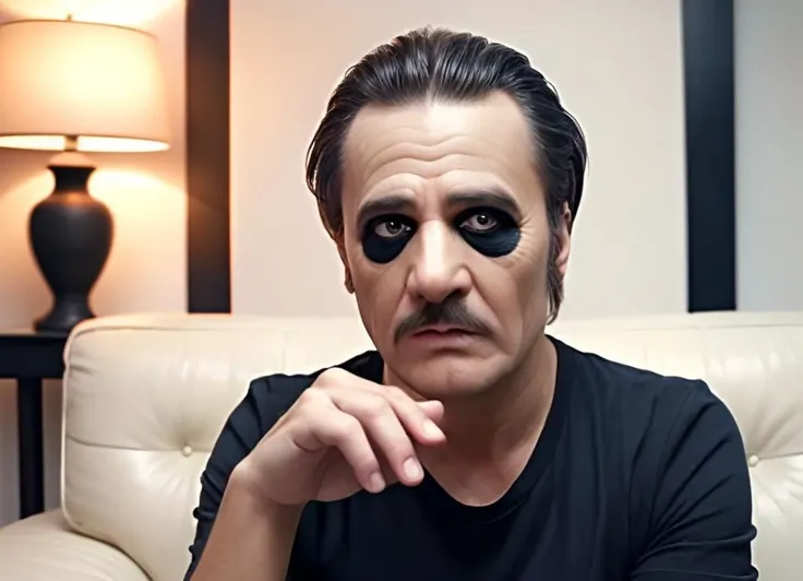 arafed man with black eye makeup and mustache sitting on a couch