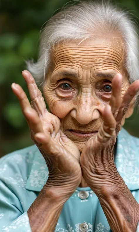 old woman showing hands