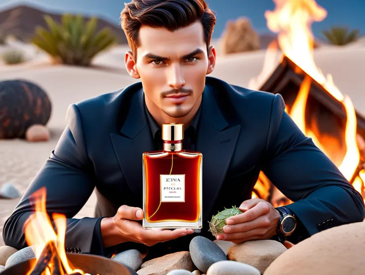 arafed man in a suit holding a bottle of perfume in front of a fire