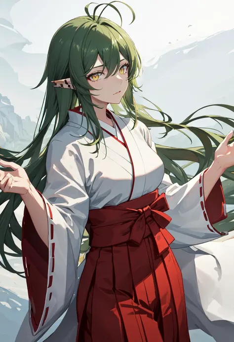 best quality, masterpiece, highres, solo, (gavial_arknights:1.10), (white kimono:1.35), (red hakama:1.35), (wide sleeves:1.20), 26 <lora:gavial_arknights:0.80>