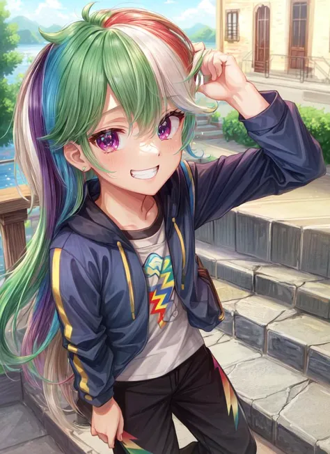 ((best quality)), ((highly detailed)), masterpiece, (detailed eyes, deep eyes), (1girl), full body, <lora:hairdetailer:.9>, <lora:mlp_rainbowdash:1>, mlpdash, (rainbow hair), purple eyes, grin, cropped jacket, shirt, pants, (at a stairway, noon)