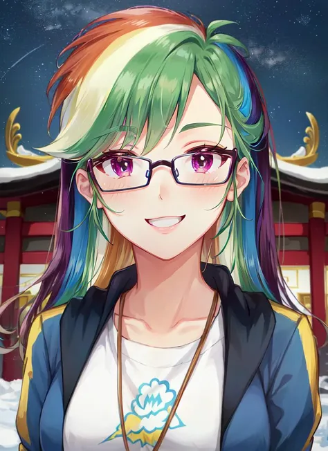 ((best quality)), ((highly detailed)), masterpiece, detailed face, beautiful face, (detailed eyes, deep eyes), (1girl), (glasses), full body, <lora:mlp_rainbowdash:1>, mlpdash, (rainbow hair), purple eyes, smile, cropped jacket, shirt, pants, (at a temple,...