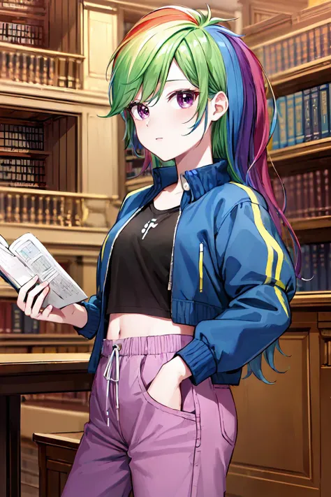 masterpiece, best quality, highres, mlpdash, colored skin, blue skin, rainbow hair, purple eyes, cropped jacket, shirt, pants, <lora:mlp_rainbowdash:0.8>, looking at viewer, library, rows of books, quiet reading areas, knowledge , <lora:add_detail:0.3>