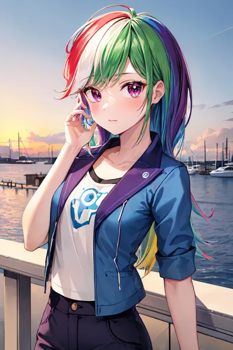 masterpiece, best quality, highres, mlpdash, colored skin, blue skin, rainbow hair, purple eyes, cropped jacket, shirt, pants, <lora:mlp_rainbowdash:0.7>, looking at viewer, marina, sailboats, waterfront dining, maritime , <lora:add_detail:0.3>