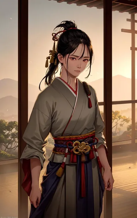 (dark shot:1.1), epic realistic, Young Samurai with long black hair and ponytail,
wearing samurai armor,
standing in a Japanese temple,
cherry blossom petals falling,
illuminated lanterns,
glowing sunrise,
tranquil lighting,
ethereal lighting,
delicate sha...