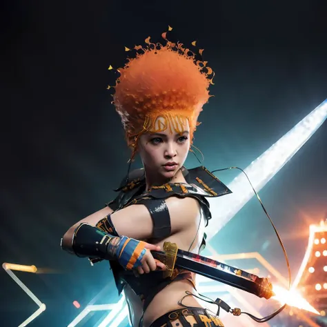 1girl, icesp1ce outside a castle, orange afro, (eonn), fighter, ((sword)), leather armor, ((action pose)), masterpiece, dramatic...