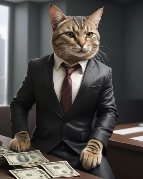 arafed cat in a suit sitting at a desk with money