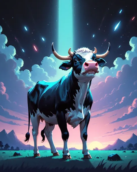 Retro game art (comics art stylized by Scott Adams:1.2) ,  On pale black paper, Cow, it is Grotesque, at Dawn, soft focus, Tranquil, volumetric lighting, glitter texture, trending on artstation, <lora:FF.110bluePencilXL_v080.LyCORIS:1.95> . 16-bit, vibrant...