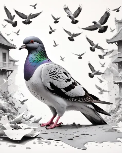 there are many birds flying around a building and a pigeon